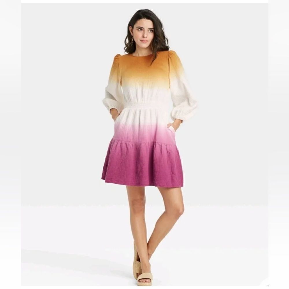 Universal Thread Target Gauze Tie-Dye Long Sleeve Tiered Dress